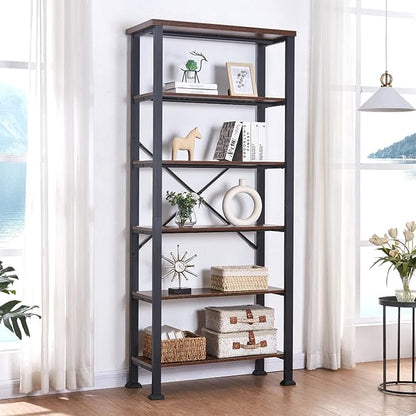 HOMBAZAAR Bookshelf, 6-Tier Vintage Industrial Book Shelf, Rustic Wood and Metal Bookcase and Bookshelves, Free Standing Storage Large Bookshelf for Living Room, Bedroom and Kitchen, Brown