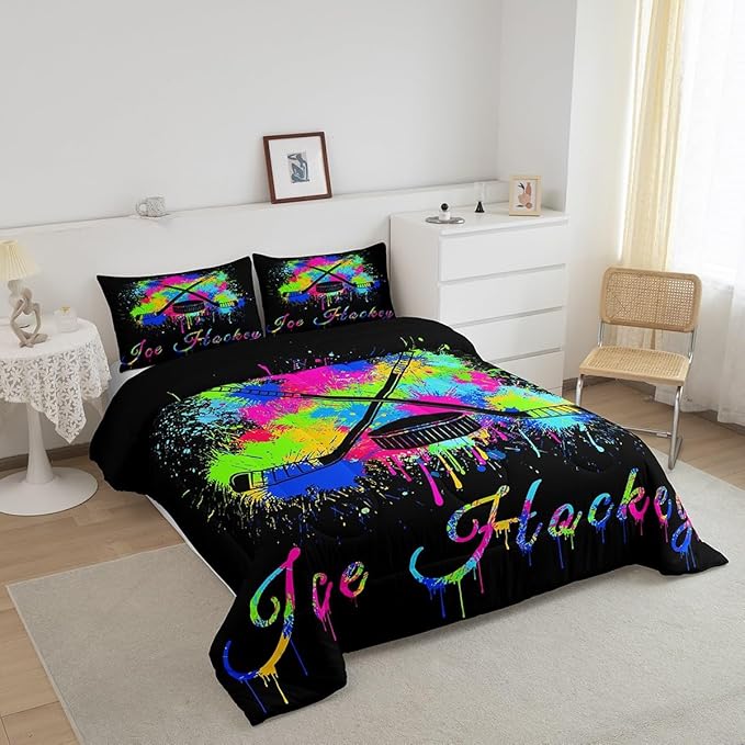 Feelyou Kids Ice Hockey Comforter Set Twin Size Gaming Sports Bedding Set for Boys Girls Teens Bedroom Decor Ice Sports Games Tie Dye Comforter Hockey Player Duvet Set with 1 Pillow Case