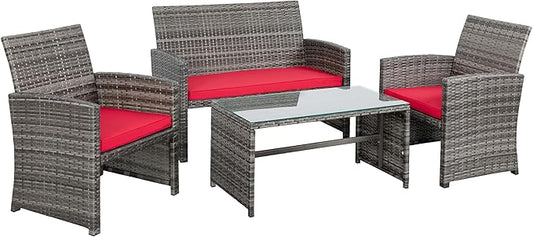 Shintenchi 4-Piece Outdoor Gray Wicker Patio Conversation Furniture Set, Rattan Patio Furniture Set with Weather Resistant Cushions and Tempered Glass Tabletop,Red