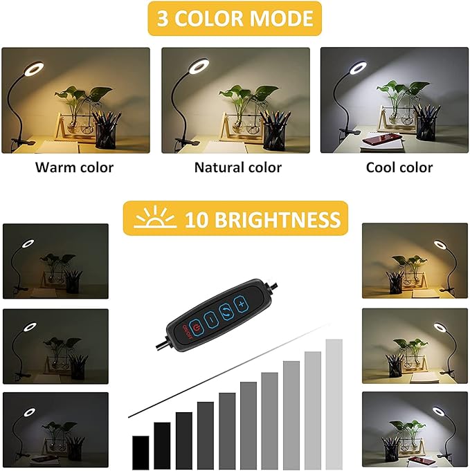 Desk Lamp Clip on Light, Desk Light 48 LED Lamp with 3 Lighting Modes, Dimmable 10 Brightness Levels, 360° Adjustable Gooseneck, Eye-Caring Small Lamp for Bed Headboard Reading（Included Adapter ）