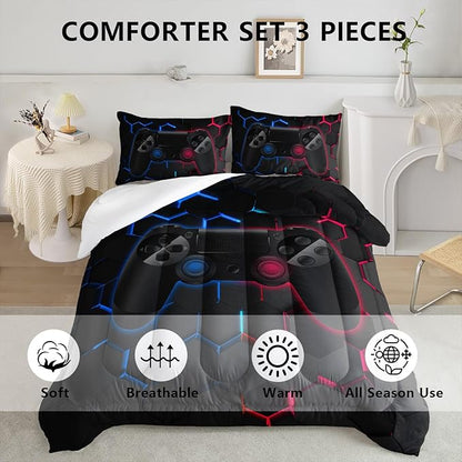 Axolotl Gamer Comforter Sets Full,Geometric Honeycomb Gaming Bedding Sets,Video Games Comforter,Gaming Bedding Set,Game Console Comforter Set for Kids Boys Girls Teens,1 Quilt 2 Pillowcases,Blue Red