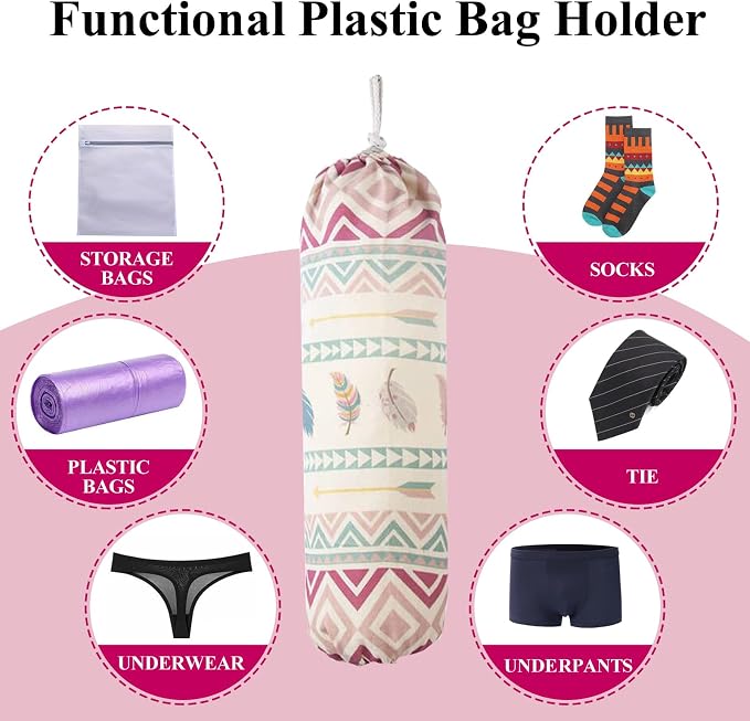 Plastic Bag Holder, Wall Mount Plastic Bag Organizer Dispenser, Heavy Duty Grocery Bag Storage Holder for Home Kitchen Camper (Pink Style)