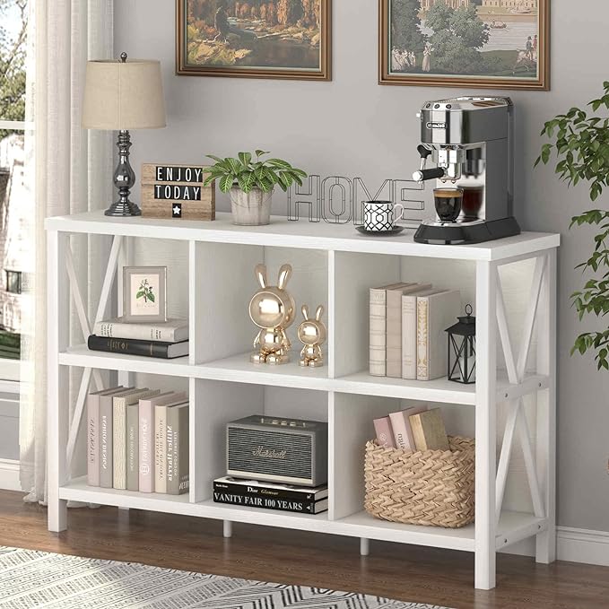 FATORRI 6 Cube Storage Organizer with Shelf, Long Wood and Metal Cubby Bookcase, Industrial Horizontal Bookshelf (White Oak, 47 Inch)