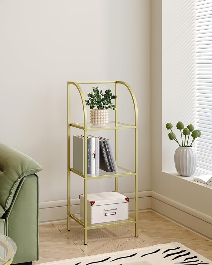Bookcase Bookshelf, Tempered Glass Arched Bookshelf for More Storage, Slim Shelving Unit for Bedroom, Bathroom, Home Office, Steel Frame, 3 Tier Gold BC20399G