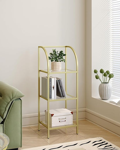 Bookcase Bookshelf, Tempered Glass Arched Bookshelf for More Storage, Slim Shelving Unit for Bedroom, Bathroom, Home Office, Steel Frame, 3 Tier Gold BC20399G