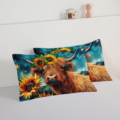 HOSIMA Highland Cow Comforter Set,Western Farmhouse Animals Cow and Sunflower Print Bedding Set 3Pcs with 2 Pillowcases,Galaxy Star Moon Queen Comforter Set,Floral Wild Animal Room Decor.