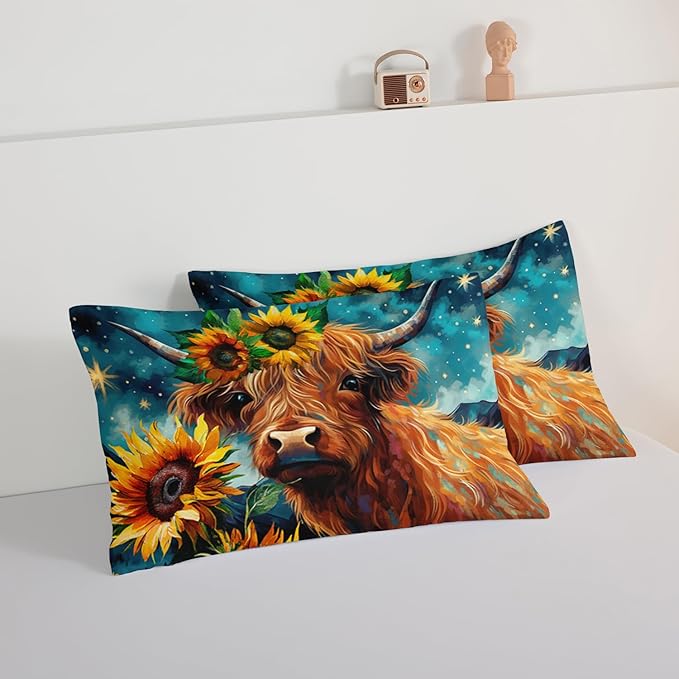 HOSIMA Highland Cow Comforter Set,Western Farmhouse Animals Cow and Sunflower Print Bedding Set 3Pcs with 2 Pillowcases,Galaxy Star Moon Comforter,Floral Comforter Full Size Bed in a Bag Set.