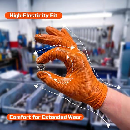 ANBOSON 10 Mil Heavy Duty Mechanic Nitrile Gloves, Large Orange 100 Count | Diamond Grip,Latex Free,Chemical Resistant Disposable Thick Rubber Gloves for Auto Repair, Industrial, Food, Work ,BBQ,Men