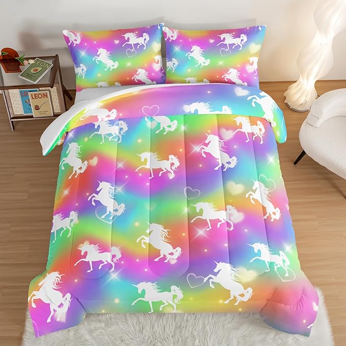 HOSIMA Unicorn Bedding 3pcs Rainbow Comforter Set with 2 Pillowcases,Sparkle Stars Twin Bed in a Bag Sets for Adults Teen Girls,Cute Rainbow Unicorn Twin Comforter Princess Toddler Bedding Set.