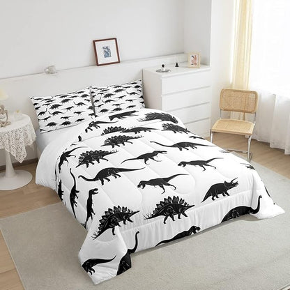 Erosebridal Dinosaur Down Comforter Dino Silhouettes Bedding Set King Size, Wildlife Animals Black White Comforter Sets for Kids Boys Teens Adult Bedroom, Dinosaurs Comforter with 2 Pillow Cases