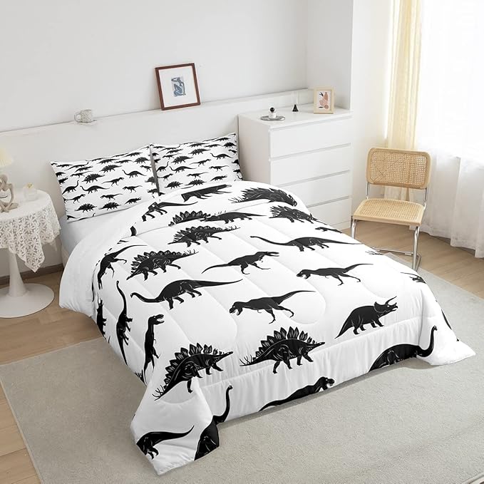 Erosebridal Dinosaur Comforter Set Dino Silhouettes Bedding Set Queen Size, Wildlife Animals Black White Duvet Sets for Kids Boys Teens Adult Bedroom Decor Dinosaurs Comforter with 2 Pillow Cases
