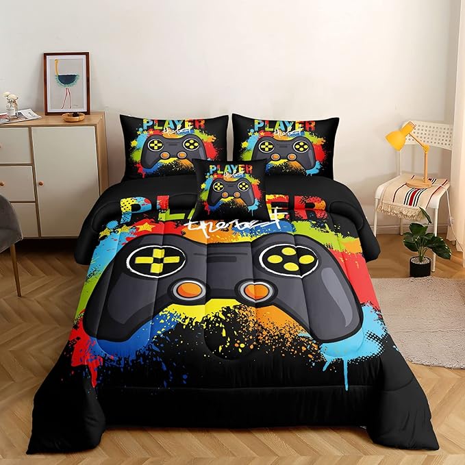 5 Pieces Gaming Bedding Set for Boys Gamer Comforter Set Twin Size,Game Controller Comforter for Boys Kids 5 Pieces Bed in A Bag 3D Gamepad Microfiber Bedding Sets,DJT H5019 Twin