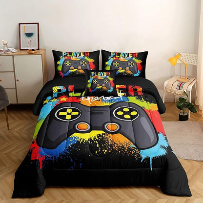 5 Pieces Gaming Bedding Set for Boys Gamer Comforter Set Twin Size,Game Controller Comforter for Boys Kids 5 Pieces Bed in A Bag 3D Gamepad Microfiber Bedding Sets,DJT H5019 Twin