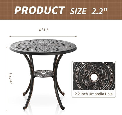 Cast Aluminum Patio Dining Set, Outdoor Bistro Set, 31.5"" Round Patio Table with Umbrella Hole, 2 Patio Chairs for Yard Porch Garden Balcony, Bronze 4