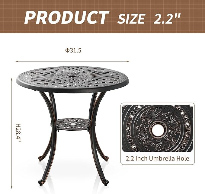 Cast Aluminum Patio Dining Set, Outdoor Bistro Set, 31.5" Round Patio Table with Umbrella Hole, 2 Patio Chairs for Yard Porch Garden Balcony