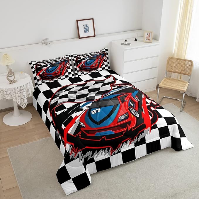 Red Race Car Bedding Set King Size Cool Racing Car Comforter Set Competition Extreme Sports Game Down Comforter for Kids Boys Girls Teens Bedroom Decor Plaid Pattern Duvet Insert with 2 Pillowcases