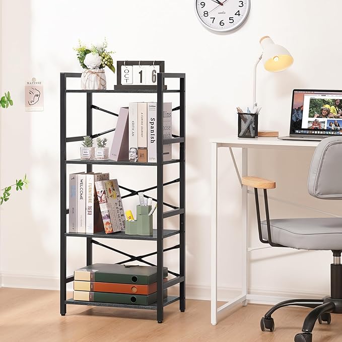 Yoobure 4 Tier Bookshelf - Small Book Shelf Industrial Bookcase, Narrow Book Case Book Storage Organizer for CD/Movie/Book, Bookshelves for Bedroom Office Living Room Charcoal Gray