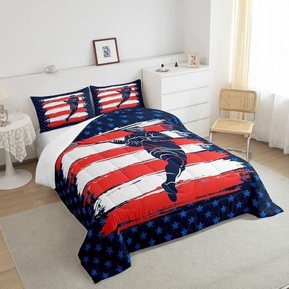 Feelyou Lacrosse Comforter Set Twin Size Boys Gilrs American Flag Sports Theme Bedding Set for Kids Adults Ultra Soft Lacrosse Player Games Comforter Navy Blue Duvet Set Room Decor Quilt Set