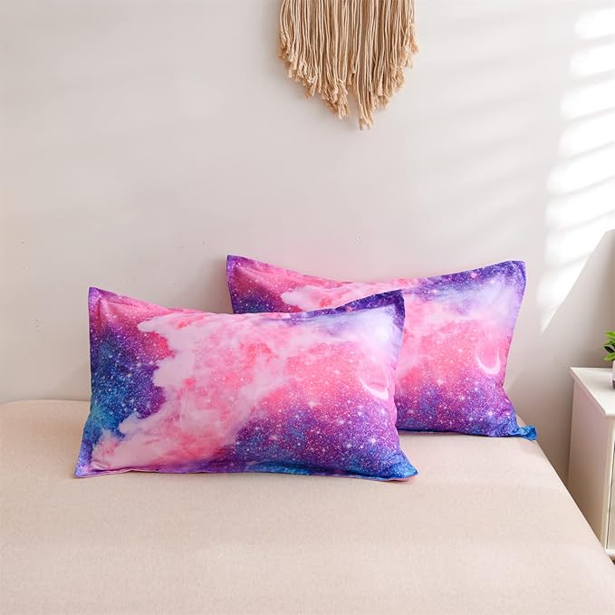 A Nice Night Galaxy Bedding Sets Outer Space Comforter 3D Printed Space Quilt Set Queen Size Glitter Pink Color,for Children Boy Girl Teen Kids