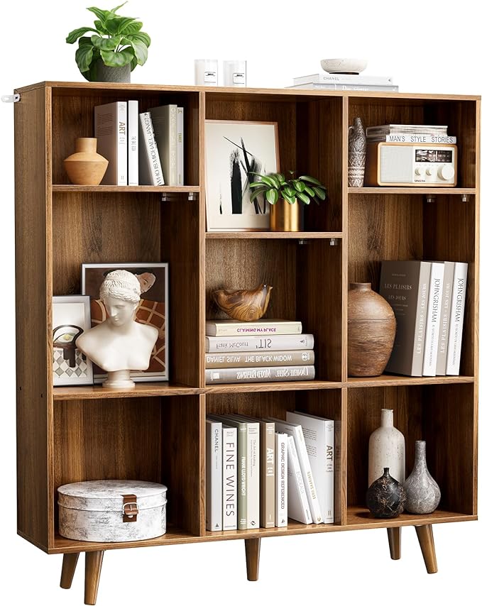 Pipishell 9-Cube Bookshelf, Bookcase with 3 Height-Adjustable Shelves and Solid Legs, Cube Storage Shelf, Modern Freestanding Open Bookshelf for Living Room, Bedroom (Walnut)