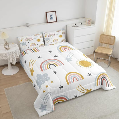 Erosebridal Girls Rainbow Bedding Set, Sun and Stars Comforter Set Twin Size for Kids Boys Children Cartoon Style Cloud Bedding Comforters Girly Soft Microfiber Duvet Insert for Bedroom Decor