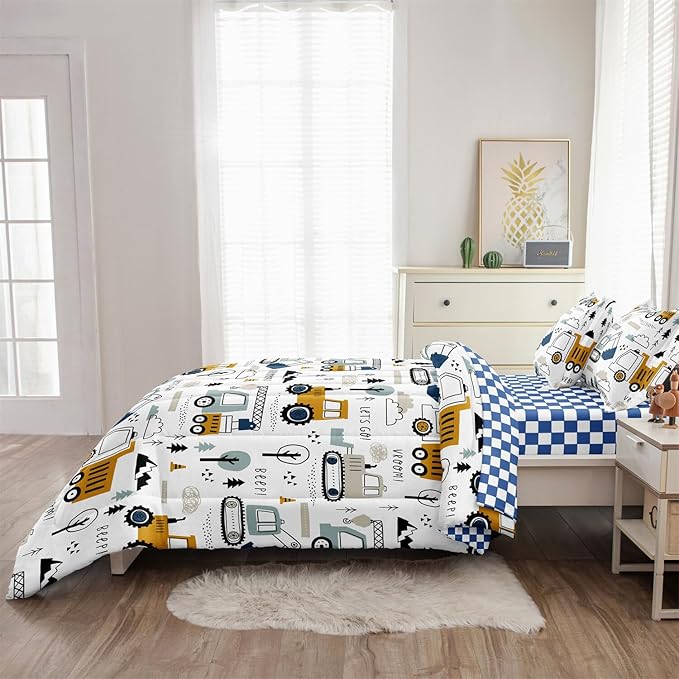 5-Pcs Construction Full Size Boys Bedding Set, Kids Comforter Set for Teens w/Sheets and Pillowcase, Soft Cartoon Tractor Cars Bed in a Bag Sets