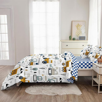 5-Pcs Construction Full Size Boys Bedding Set, Kids Comforter Set for Teens w/Sheets and Pillowcase, Soft Cartoon Tractor Cars Bed in a Bag Sets