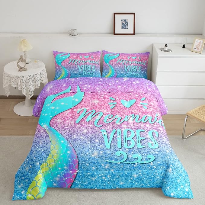 Kawaii Mermaid Bedding Twin,Mermaid Scales Tail Comforter Set Glitter Star Galaxy Princess Bedding Set Watercolor Blue Pink Pastel Ombre Quilt Duvet Ocean Animal Comforter Teal Girly Room Decor 2 Pcs