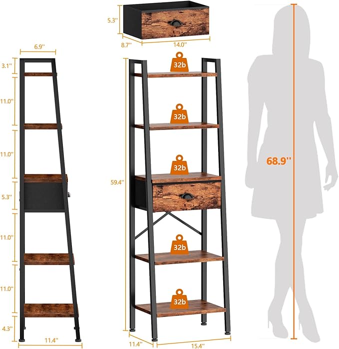 Furologee 5 Tier Ladder Shelf with Drawer, Tall Bookshelf Storage Shelves, Bookcase Standing Shelf Units, Industrial Open Display Shelves Organizer for Bedroom, Living Room, Kitchen, Rustic Brown…