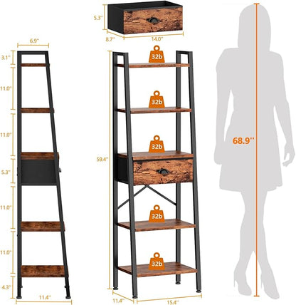 Furologee 5 Tier Ladder Shelf with Drawer, Tall Bookshelf Storage Shelves, Bookcase Standing Shelf Units, Industrial Open Display Shelves Organizer for Bedroom, Living Room, Kitchen, Rustic Brown…