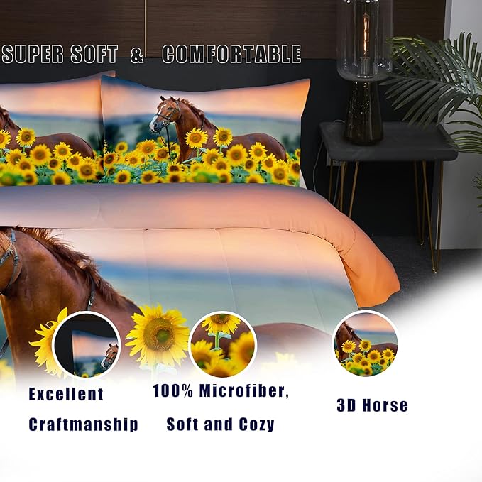 NINENINE Horse Comforter Bedding Set King for Boys Teens,Horse Walking Among Sunflowers Pattern Printed Bedding Set,Sunflower Comforter Set,Soft Microfiber Quilt Set with Matching Pillowcase#5002