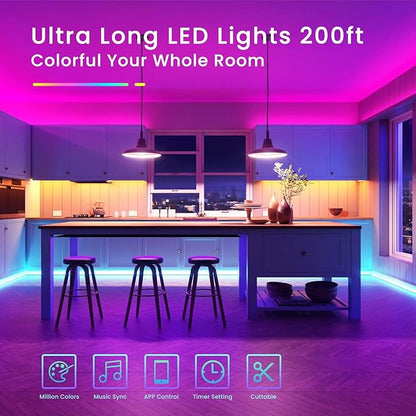 TJOY 200ft Long LED Strip Lights, Bluetooth Led Lights for Bedroom, Color Changing RGB Lighting with APP and Remote Control, Rope Lighting Indoor for Ceiling, Living Room Decor/65.6ft*3