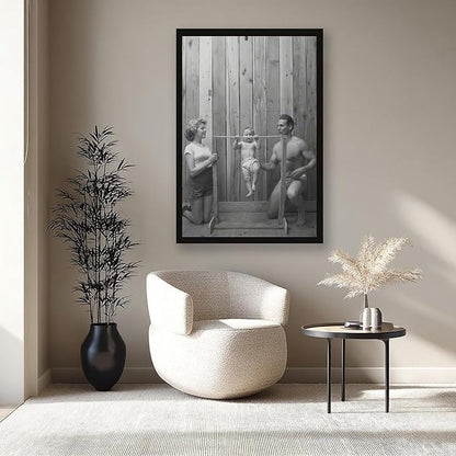 UXCBIA Baby Doing Pull-ups, Bodybuilder Family Black And White Retro Poster Canvas Poster Bedroom Decor Sports Landscape Office Room Decor Gift Black Frame 12x18in(30x45cm)