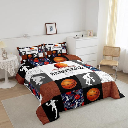 Basketball Full Comforter Set For Boys Sports Bedding Set Basketball Athlete Bed Comforter Sets Patchwork Style Orange Black White Grey Soft Lightweight Quilt Duvet Insert 2 Pillow Cases Room Decor