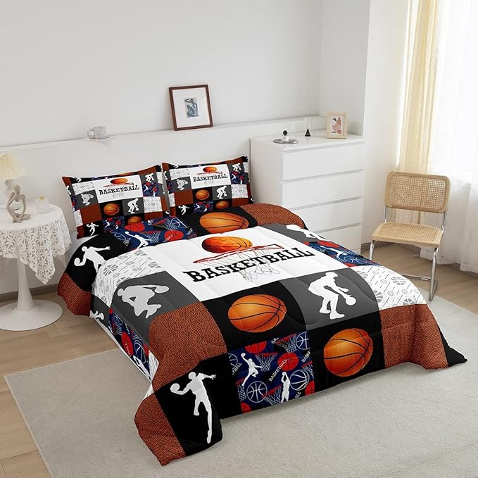Basketball King Comforter Set For Boys Sports Bedding Set Basketball Athlete Bed Comforter Sets Patchwork Style Orange Black White Grey Soft Lightweight Quilt Duvet Insert 2 Pillow Cases Room Decor