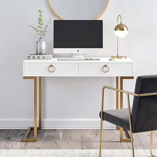 Nathan James Leighton Two-Drawer Writing Glam Accents Brass, Home Office Computer Desk or Vanity Table, 2, White/Gold, Small