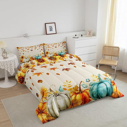 Fall Pumpkin Bedding Set for Home Twin Thanksgiving Harvest Season Fruit Decor Comforter Set Autumn Fall Maple Leaf Quilt Comforter for Kids Teen Adults,Rustic Farm Sunflower Bed Sets 1 Pillow Case