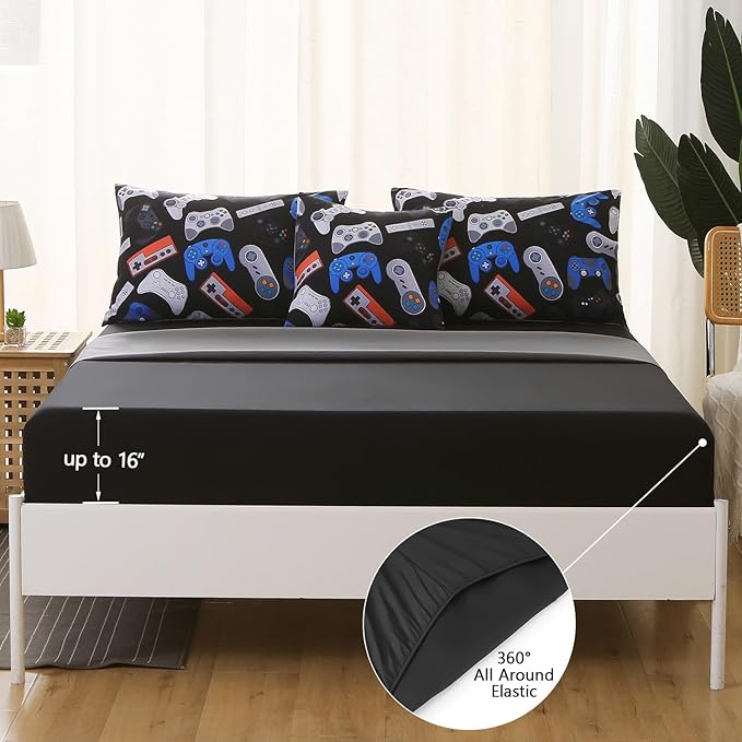 6Pcs Game Console Comforter Set with Sheets for Boys Girls Kids Teens, Gamepad Collection Themed Bed in A Bag Full Size, 3D Video Gamer Controller Bedroom Decor Bedding Set