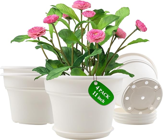 11 Inch Plastic-Flower-Pot-for-Indoor-Plants, 4 Pack Large Outdoor Planter Pot with Drainage Holes & Saucers, Resin Decorative Garden Pots Planters