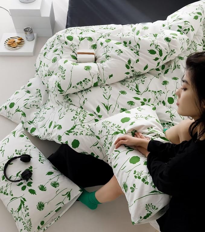 Sage Botanical Comforter Queen White Green Floral Plant Bedding Comforter Set Girls Garden Pattern Printed on White Blanket Rustic Leaf Blossom Women White Farmhouse Comforter Queen