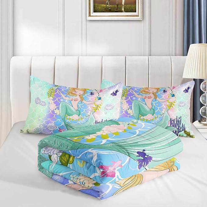 CVHOUSE Mermaid Comforter Set,Ocean Sea Mermaid Bedding Set for Girls Kids Teens,Mermaid Comforter Butterflies Duvet Set Room Decor Quilt Set Queen Size