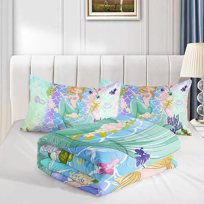 CVHOUSE Mermaid Comforter Set,Ocean Sea Mermaid Bedding Set for Girls Kids Teens,Mermaid Comforter Butterflies Duvet Set Room Decor Quilt Set Twin Size