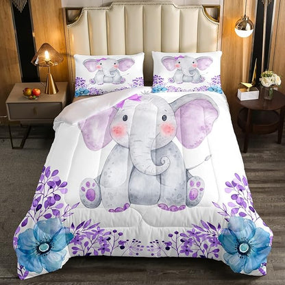 Kids Elephant Bedding Set Cute Animal Comforter Set Full For Girls Boys Kawaii Room Decor, Flower Branches Duvet Sets Cartoon Elephant With Floral Down Comforter With 2 Pillow Cases, Purple Blue