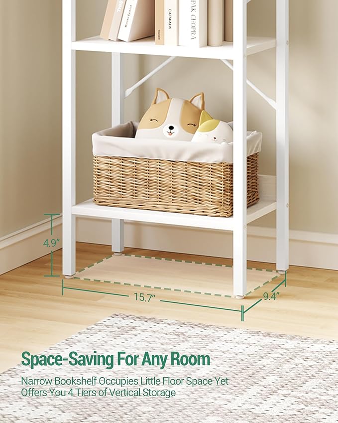 Bookshelf, Book Shelf, Industrial Bookcase with 2 Hooks, Coner Shelf Storage Organizer for Home Office, Living Room, Bedroom, Kitchen, 4-Tier White BC10413W