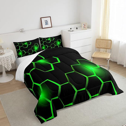 Honeycomb Kids Comforter Set Modern Geometry Hexagon Bedding Set for Boys Children Teens Bedroom Decor Geometrical Comforter Beehive Geometric Black Green Duvet Set Queen Size with 3 Pillow Case