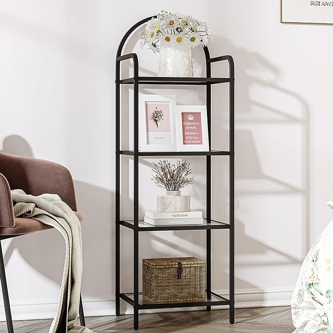 Bookcase Bookshelf, Tempered Glass Bookshelves, Slim Shelving Unit for Bedroom, Bathroom, Home Office, Steel Frame, 4 Tier Black BC04001B