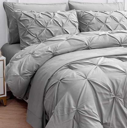 LANE LINEN Twin XL Comforter Set, 5 Piece Twin XL Bedding Set, Pintuck Twin XL Bed in a Bag, Twin XL Bed Set, Twin XL Bed Comforter Set with Sheets, Pillowcase & Sham, Bedding Comforter Sets - Silver