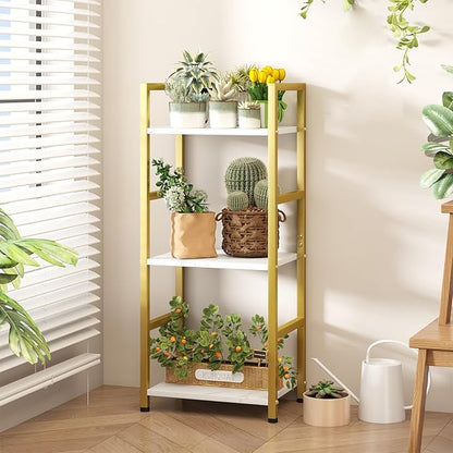 Bookshelf Storage Shelf Bookcase, 3 Tier Industrial Bookcase,Small Book case for Living Room, Bedroom, and Home Office, Easy Assembly Free Combination Multi-Functional Organizer(3 Tier,Gold)
