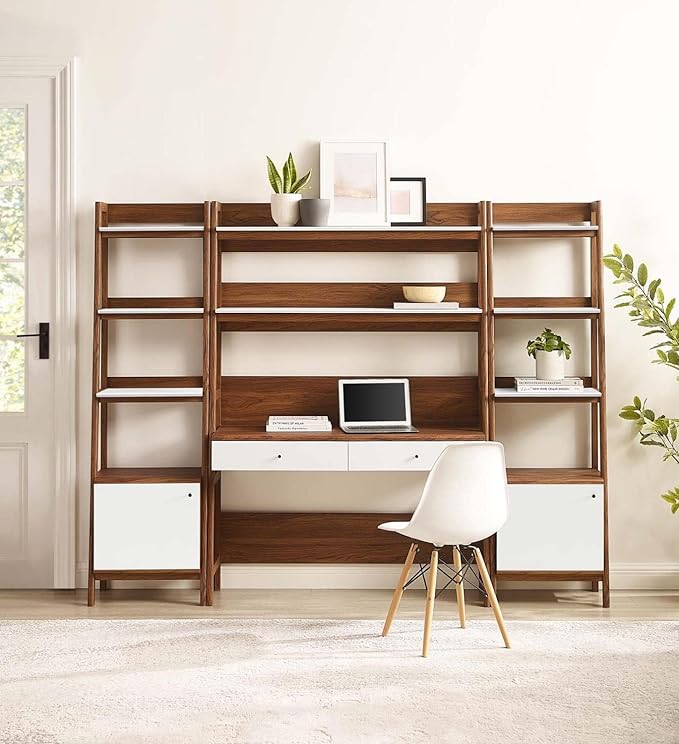 Modway Bixby 3-Piece Home Office Desk and Bookshelf Display Case in Walnut White
