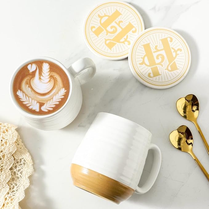 HASENSE Ceramic Couple Coffee Mug Gift Set, 20oz Mugs Set of 2 with Glaze Coasters & Gold Spoons |Unique Engagement, Bridal Shower, Wedding & Housewarming Gift for Newly Engaged, Bride and Groom White